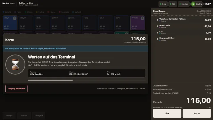 Bezahldialog Karte: der Betrag ist an das Zahlungsterminal gesendet, der Dialog wartet auf die Antwort des Terminals.