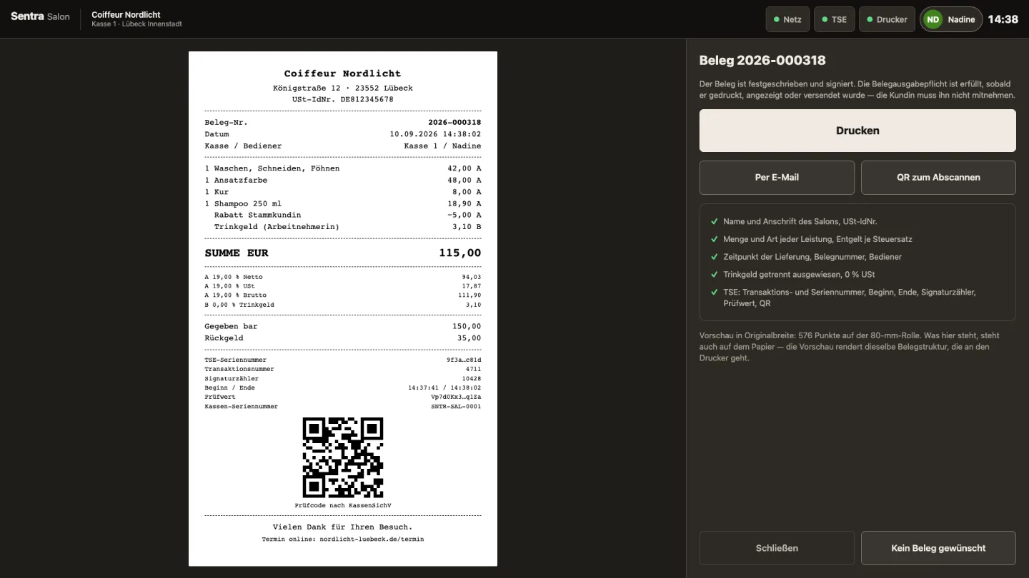Bonvorschau in Originalbreite: Positionen, Steuersätze, Zahlart und der Prüfcode der technischen Sicherheitseinrichtung als QR-Code.